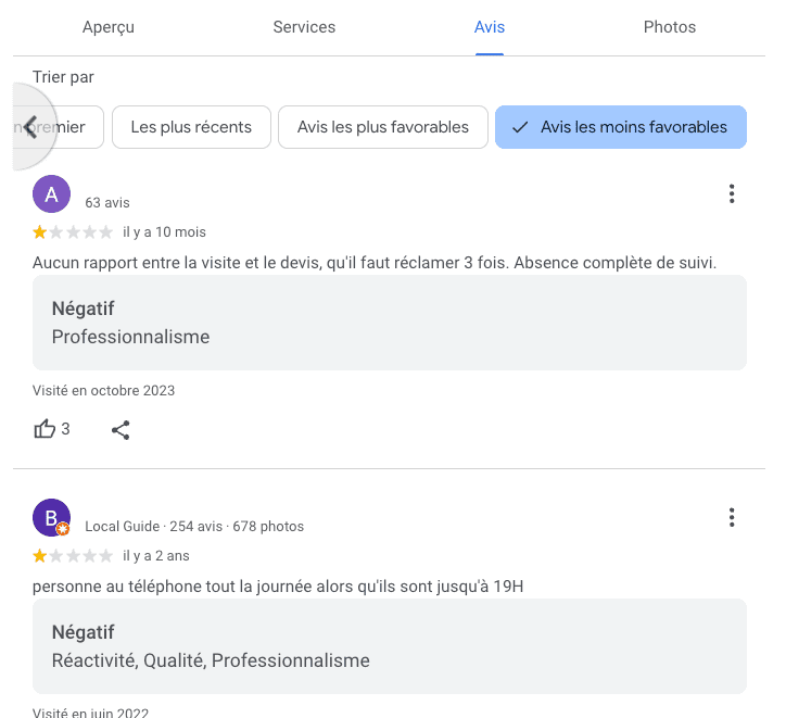 avis négatifs Google de vos concurrents